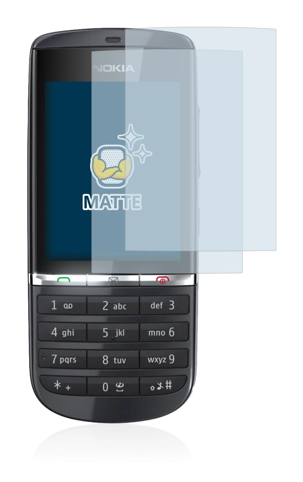 Image of the device Nokia Asha 300 with a wide variety of screen protectors.
