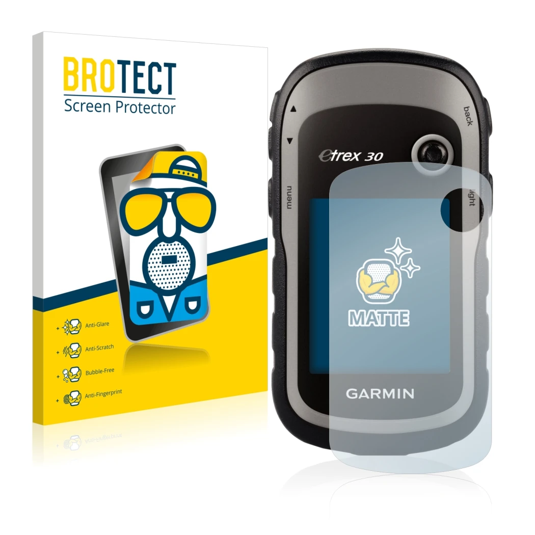 Front side of a product packaging with the brand logo BROTECT. Next to it is the device Garmin eTrex 30 shown with the corresp