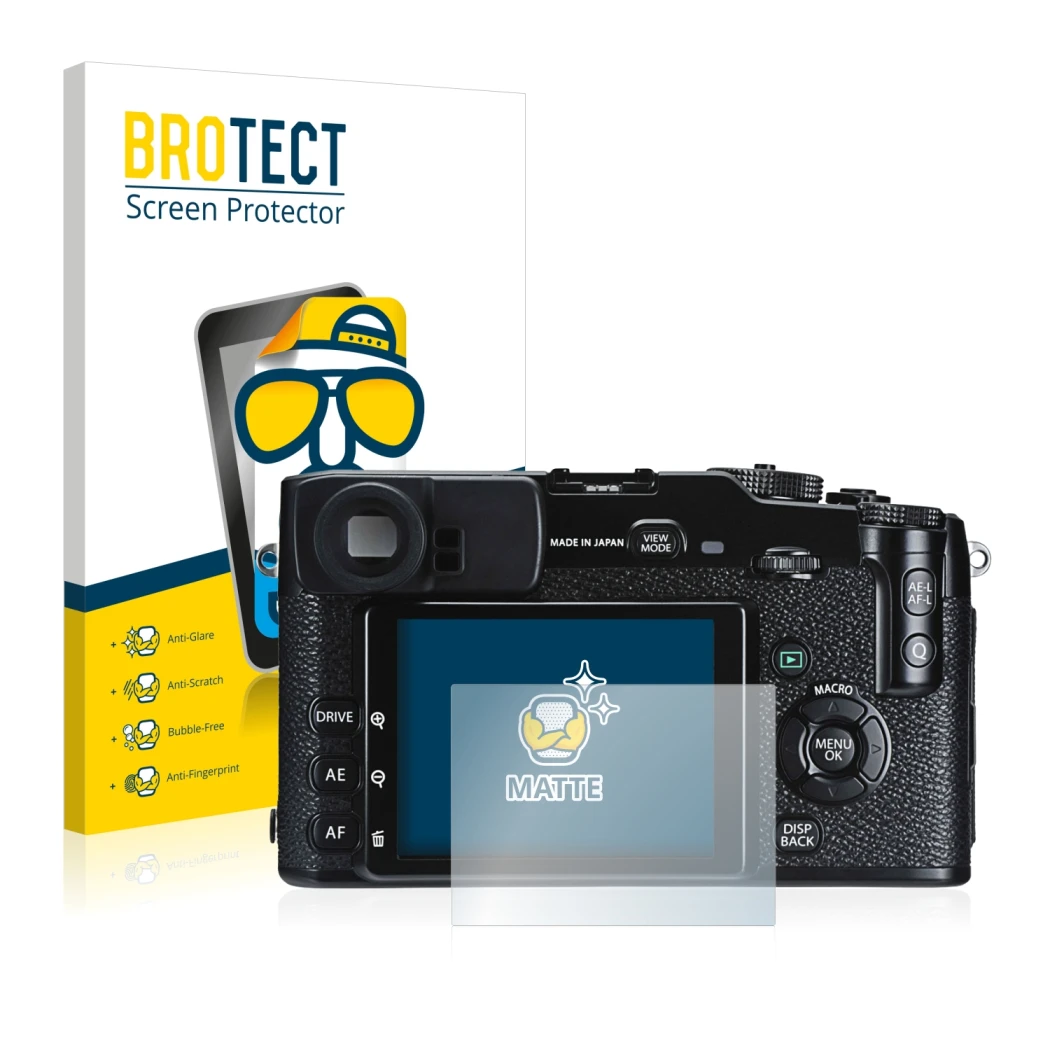Front side of a product packaging with the brand logo BROTECT. Next to it is the device Fujifilm X-Pro1 shown with the corresp