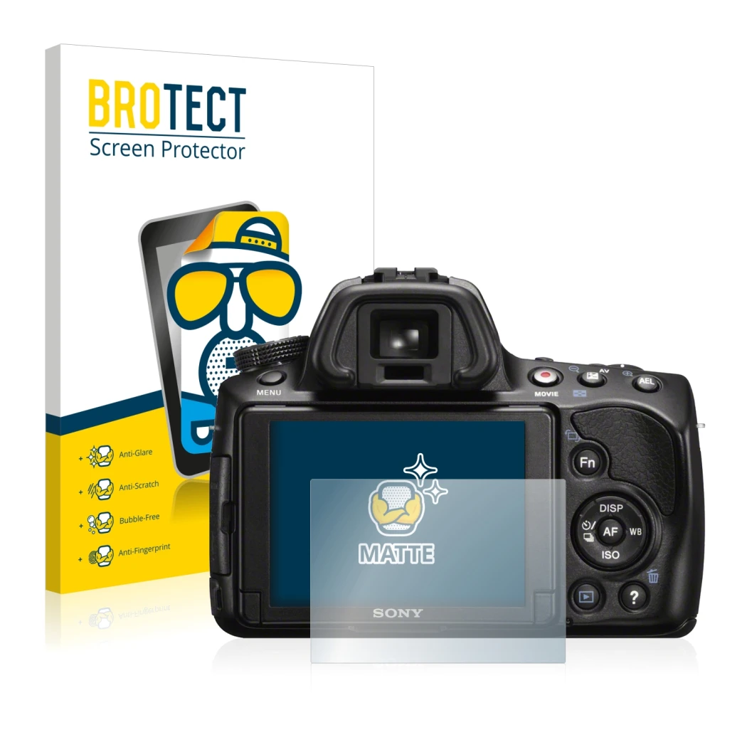 Front side of a product packaging with the brand logo BROTECT. Next to it is the device Sony Alpha 37 (SLT-A37) shown with the