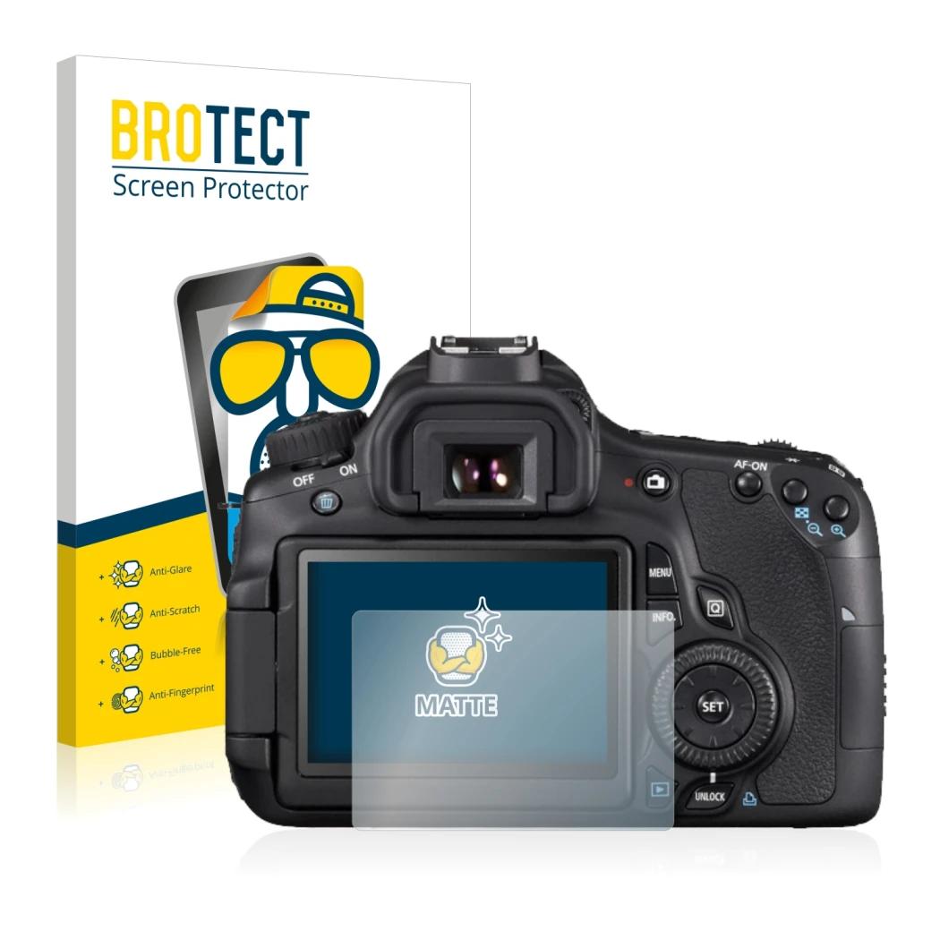 Front side of a product packaging with the brand logo BROTECT. Next to it is the device Canon EOS 650D shown with the correspo