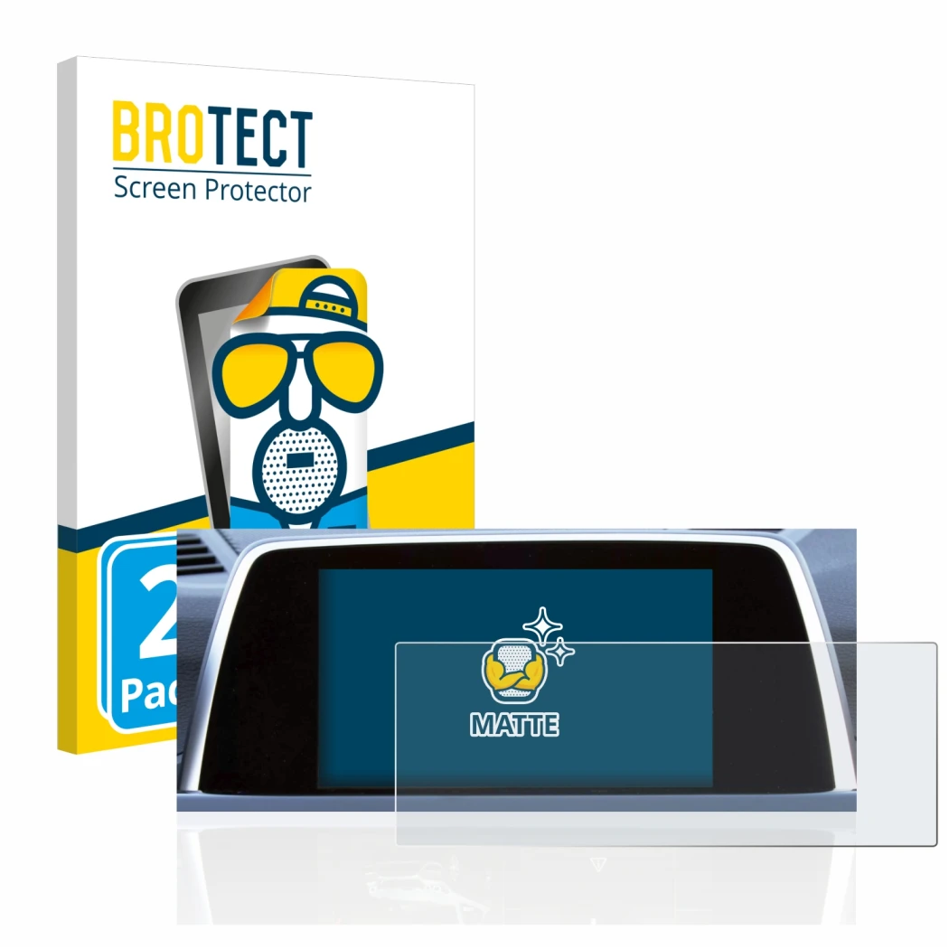 Front side of a product packaging with the brand logo BROTECT. Next to it is the device BMW 6 F13 Coupe 2011 iDrive Pro 10.2