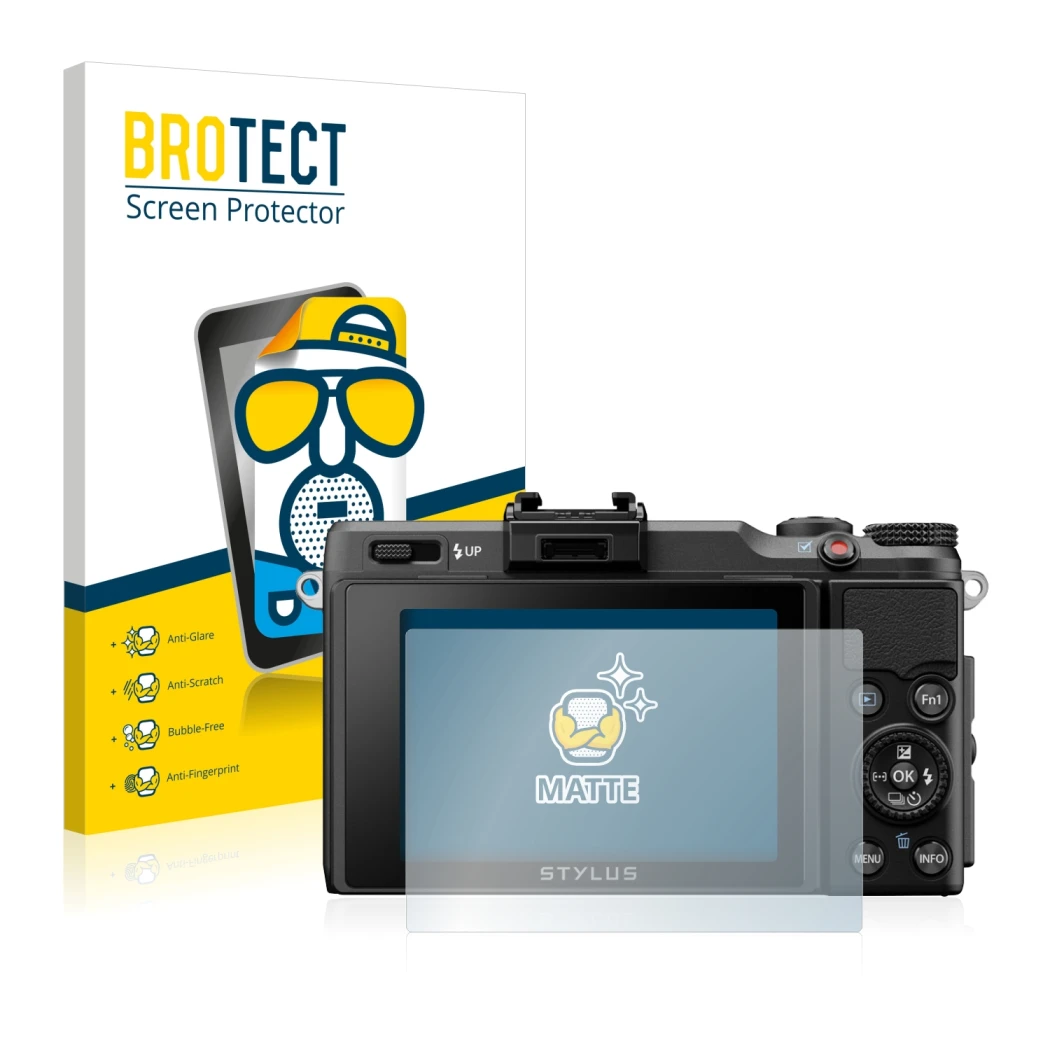 Front side of a product packaging with the brand logo BROTECT. Next to it is the device Olympus Stylus XZ-2 shown with the cor
