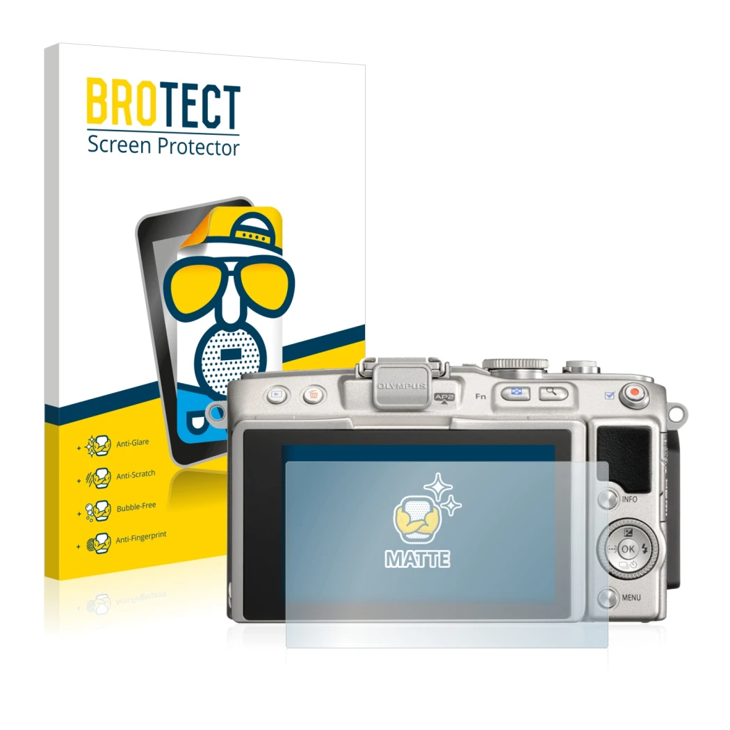 Front side of a product packaging with the brand logo BROTECT. Next to it is the device Olympus PEN Lite E-PL5 shown with the