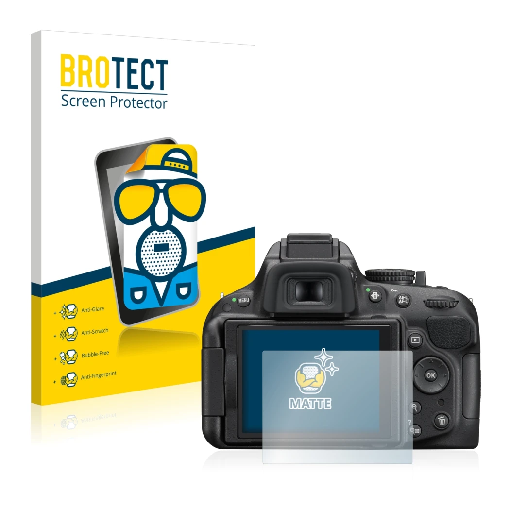 Front side of a product packaging with the brand logo BROTECT. Next to it is the device Nikon D5200 shown with the correspondi