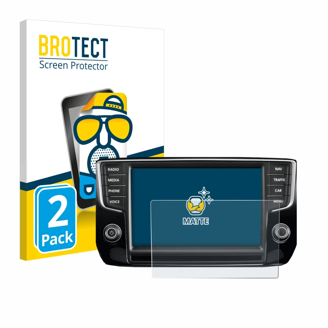 Front side of a product packaging with the brand logo BROTECT. Next to it is the device Volkswagen Passat 2015 Discover Pro 8