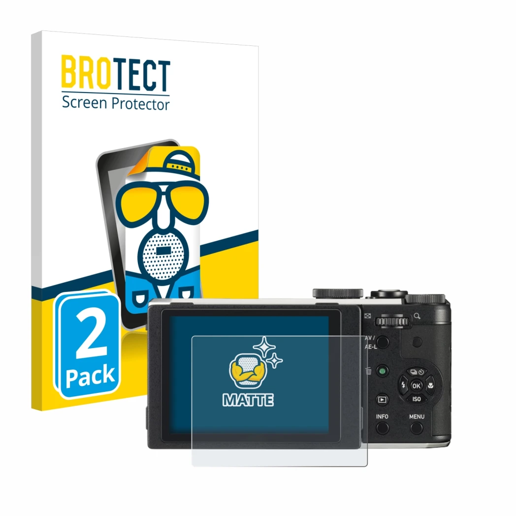 Front side of a product packaging with the brand logo BROTECT. Next to it is the device Pentax MX-1 shown with the correspondi