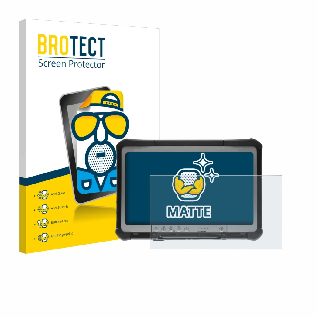 Front side of a product packaging with the brand logo BROTECT. Next to it is the device Panasonic Toughbook CF-D1 shown with t