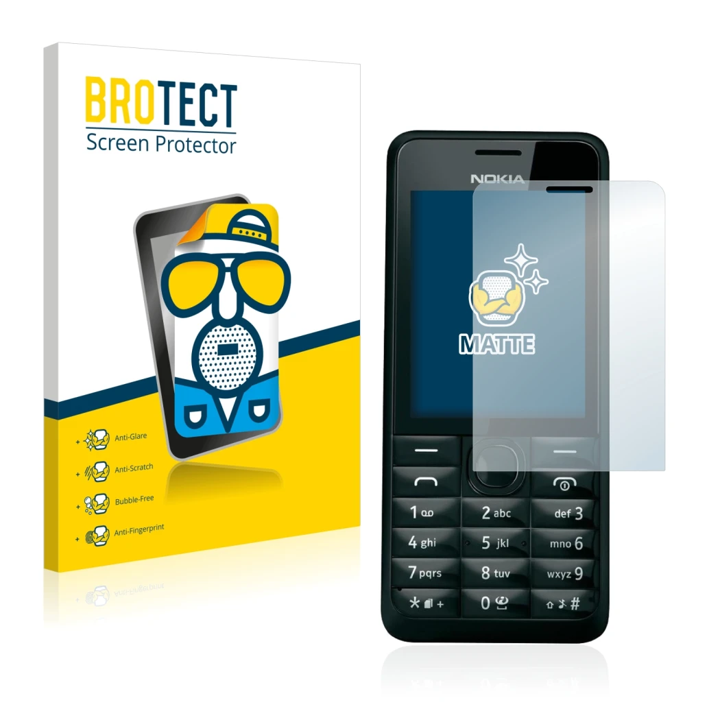 Front side of a product packaging with the brand logo BROTECT. Next to it is the device Nokia 301 shown with the corresponding