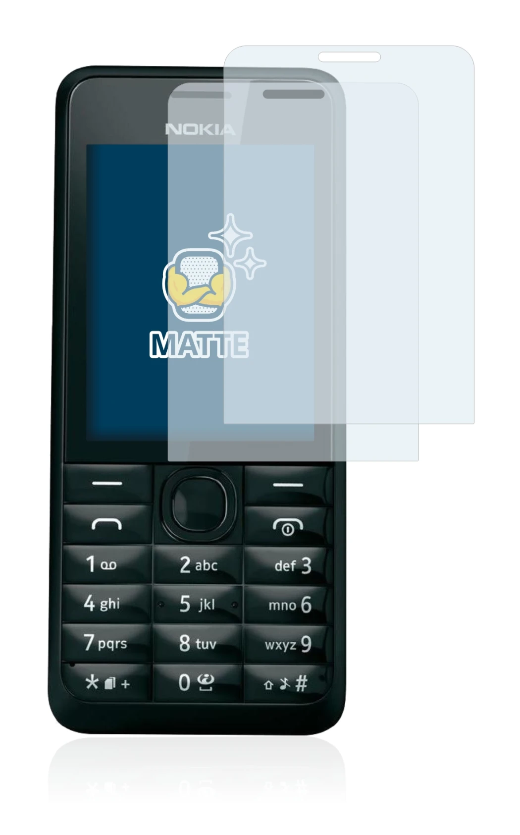 Image of the device Nokia 301 with a wide variety of screen protectors.