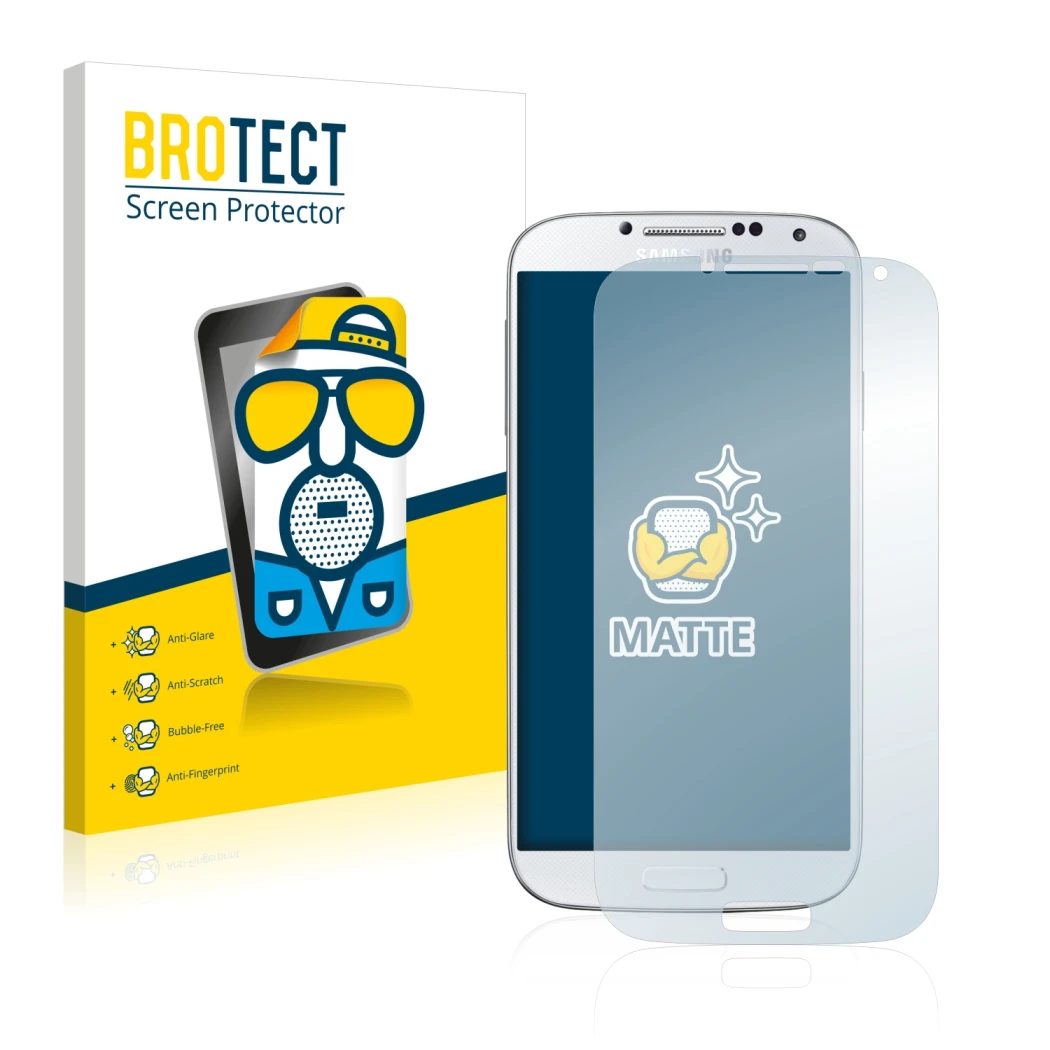 Front side of a product packaging with the brand logo BROTECT. Next to it is the device Samsung Galaxy S4 shown with the corre