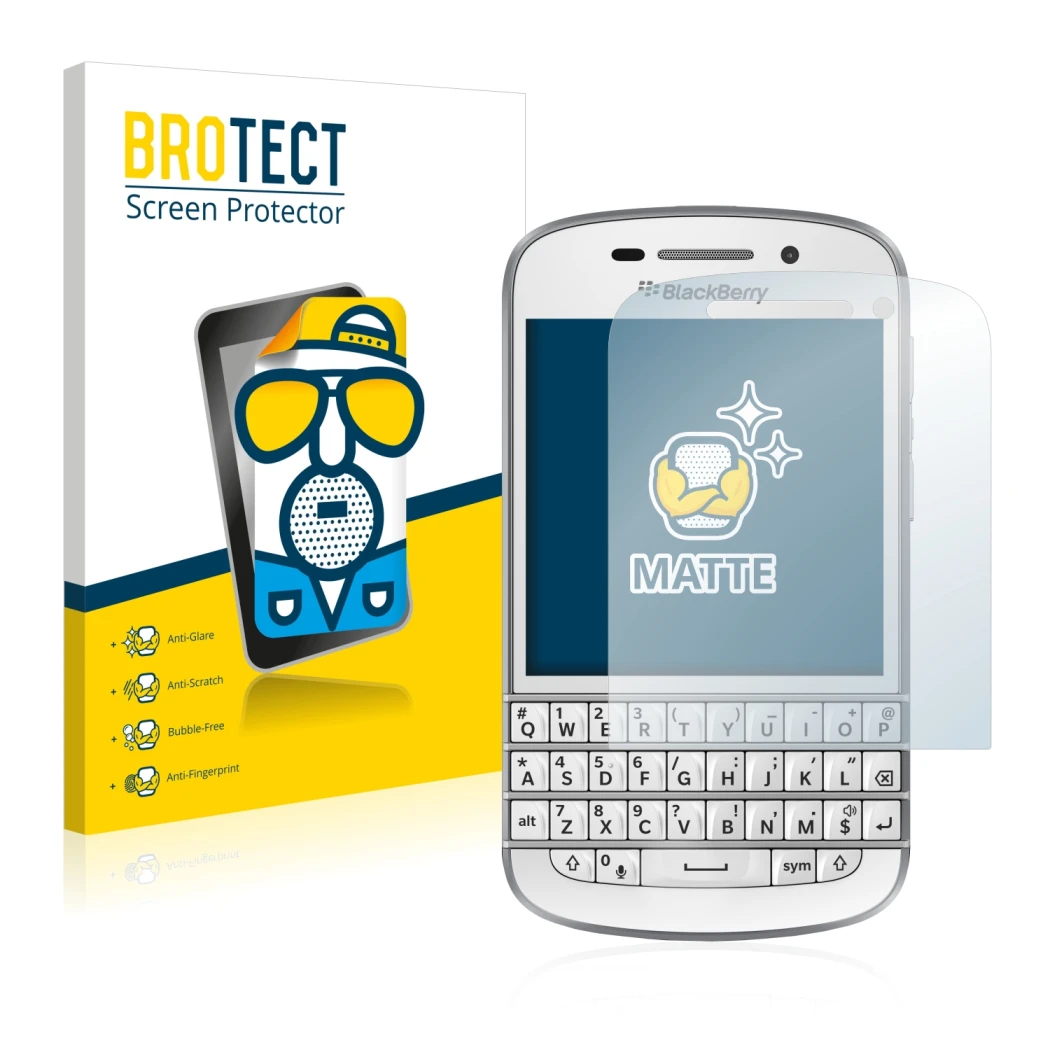 Front side of a product packaging with the brand logo BROTECT. Next to it is the device BlackBerry Q10 shown with the correspo