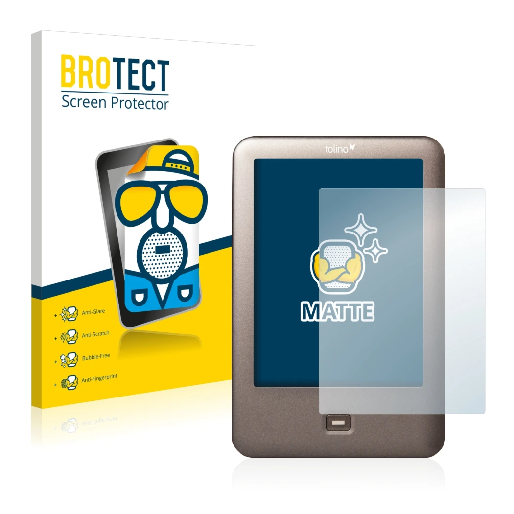 Front side of a product packaging with the brand logo BROTECT. Next to it is the device Tolino Shine shown with the correspond