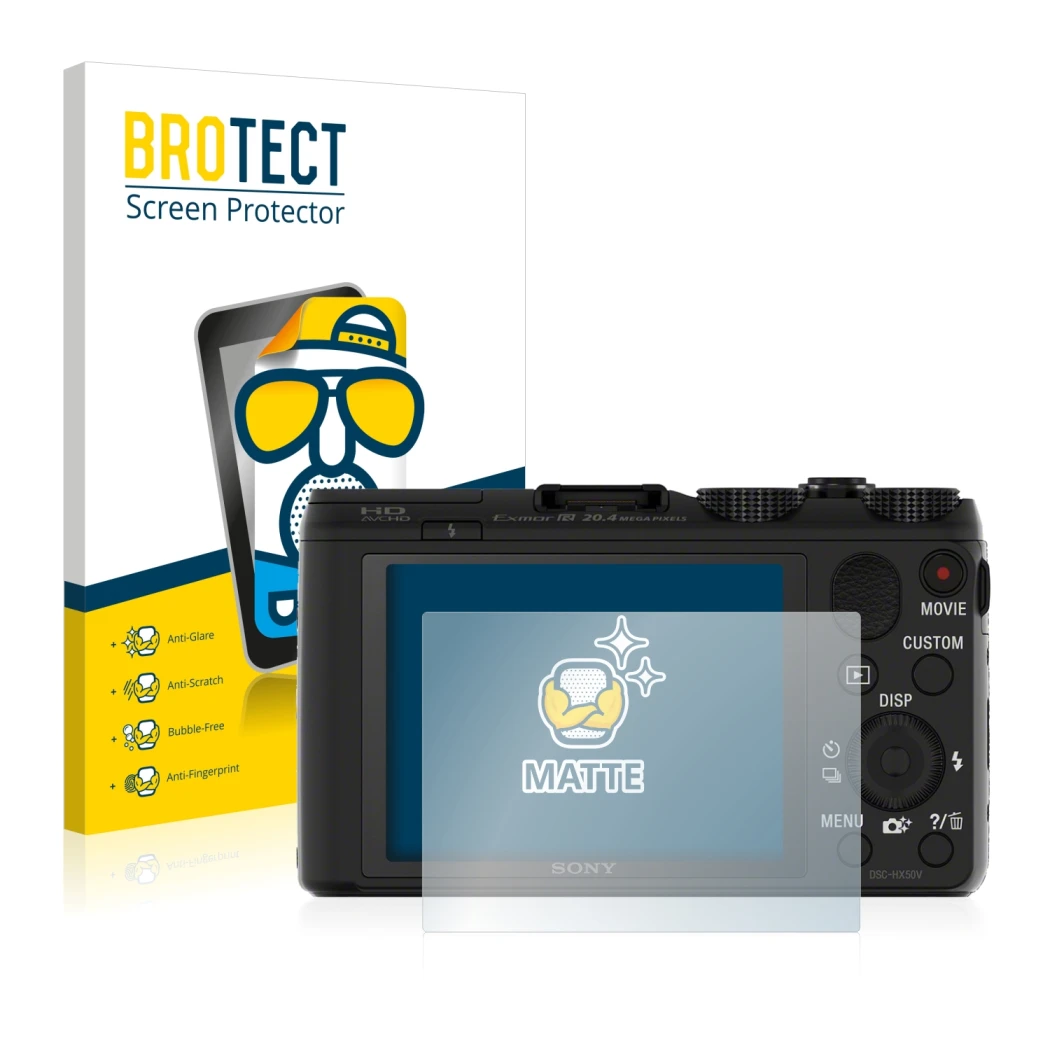 Front side of a product packaging with the brand logo BROTECT. Next to it is the device Sony Cyber-Shot DSC-HX50V shown with t