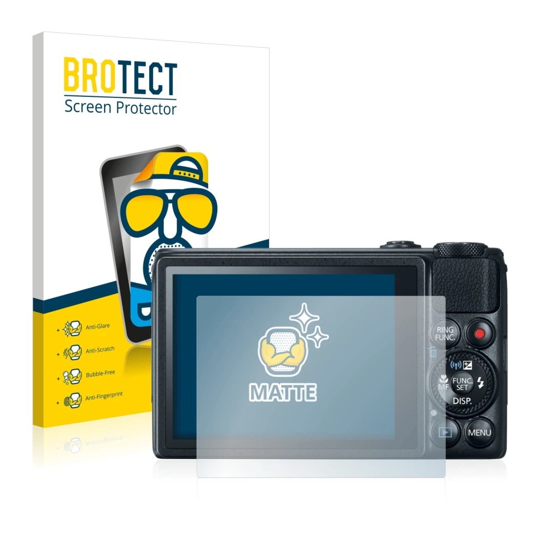 Front side of a product packaging with the brand logo BROTECT. Next to it is the device Canon PowerShot S120 shown with the co