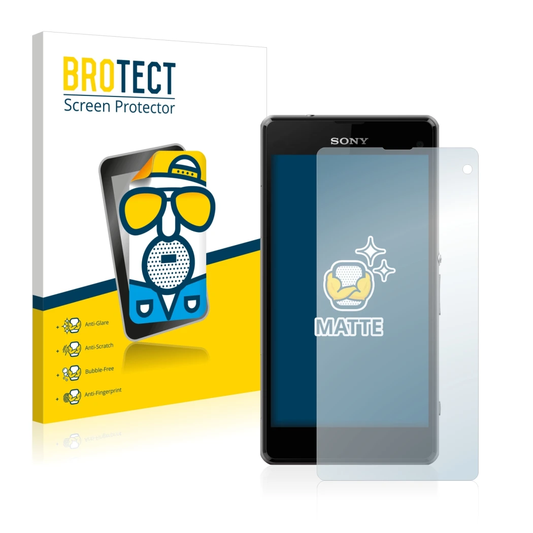 Front side of a product packaging with the brand logo BROTECT. Next to it is the device Sony Xperia Z1 Compact D5503 shown wit