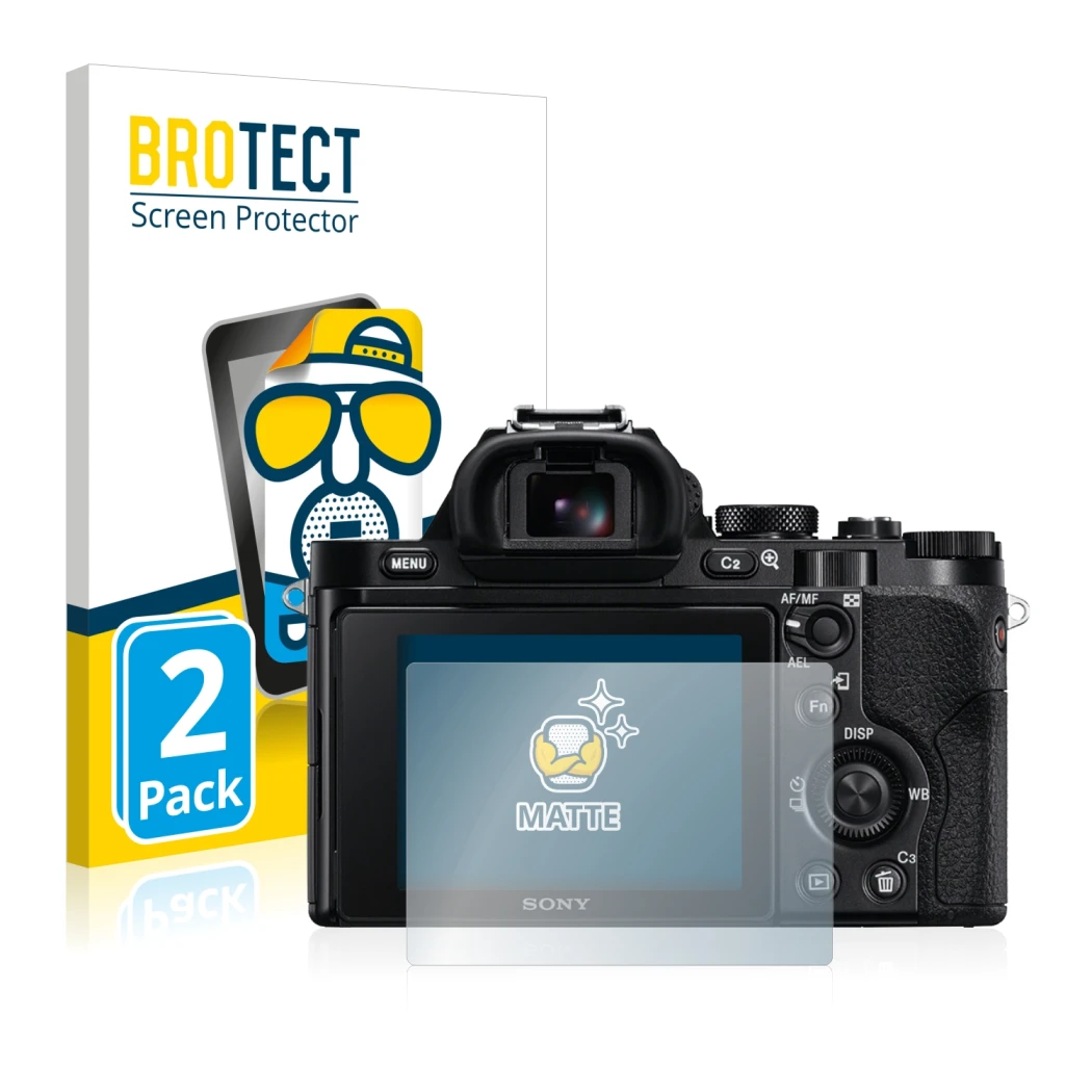 Front side of a product packaging with the brand logo BROTECT. Next to it is the device Sony Alpha 7 (ILCE-7) shown with the c