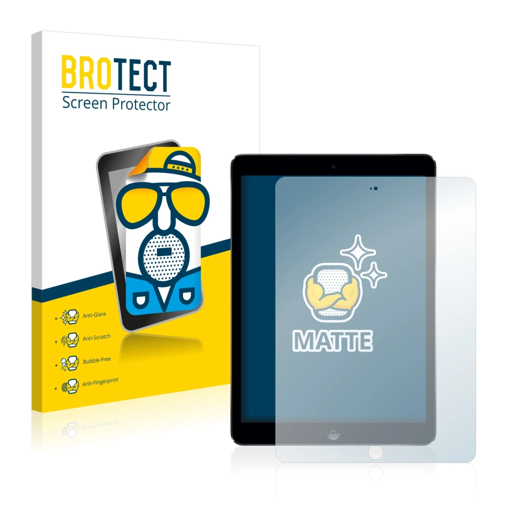 Front side of a product packaging with the brand logo BROTECT. Next to it is the device Apple iPad Air 2013 shown with the cor