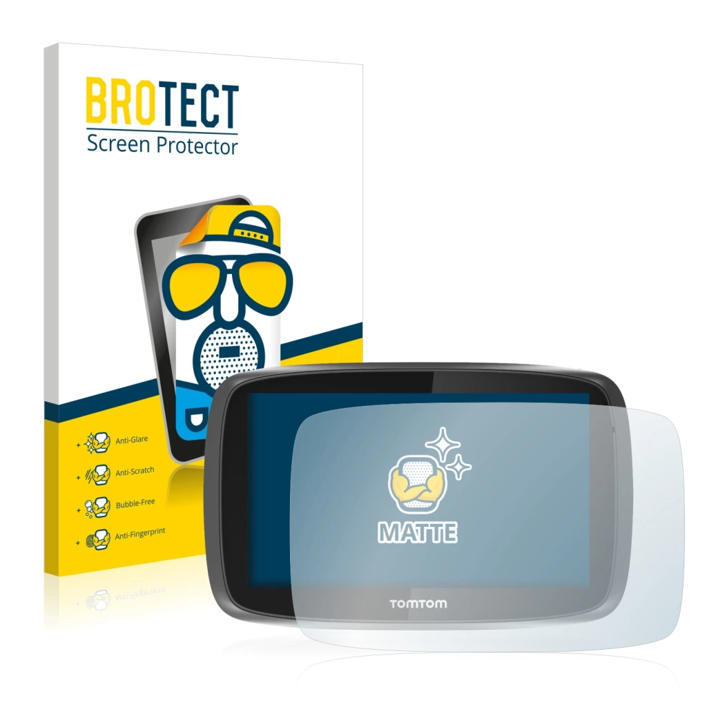 Front side of a product packaging with the brand logo BROTECT. Next to it is the device TomTom GO 5000 shown with the correspo