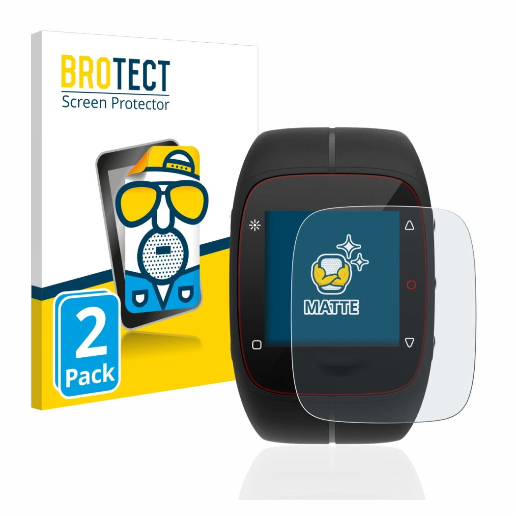 Front side of a product packaging with the brand logo BROTECT. Next to it is the device Polar M400 shown with the correspondin