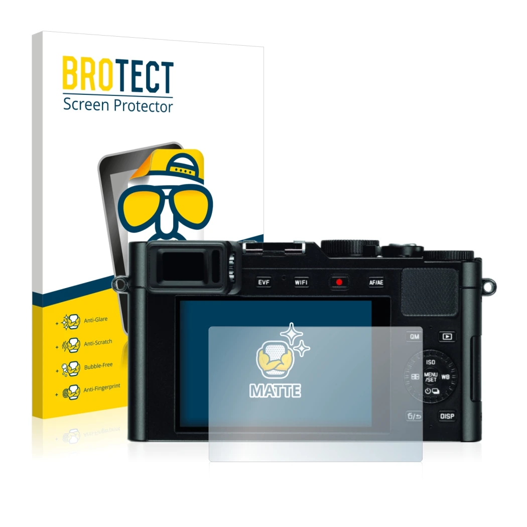 Front side of a product packaging with the brand logo BROTECT. Next to it is the device Leica D-Lux (Typ 109) shown with the c
