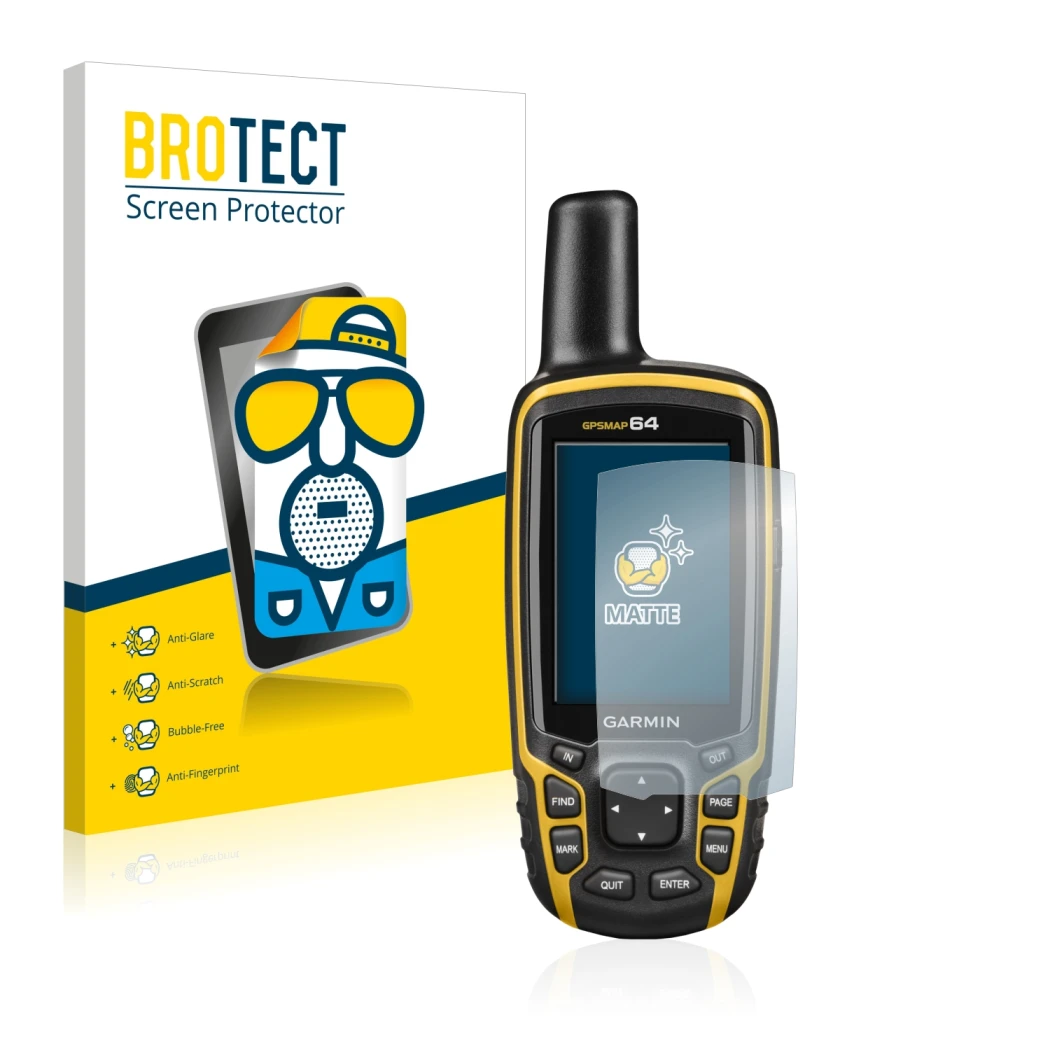 Front side of a product packaging with the brand logo BROTECT. Next to it is the device Garmin GPSMAP 64 shown with the corres