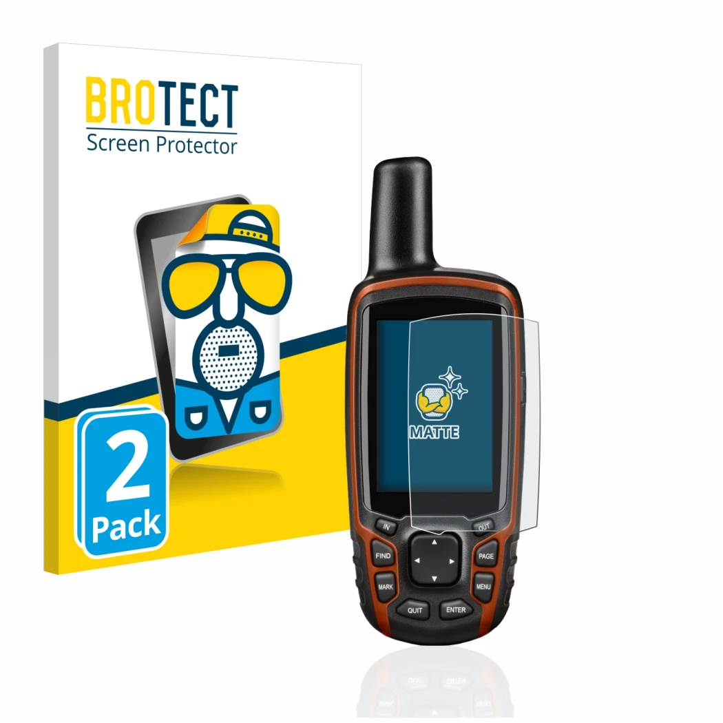 Front side of a product packaging with the brand logo BROTECT. Next to it is the device Garmin GPSMAP 64s shown with the corre