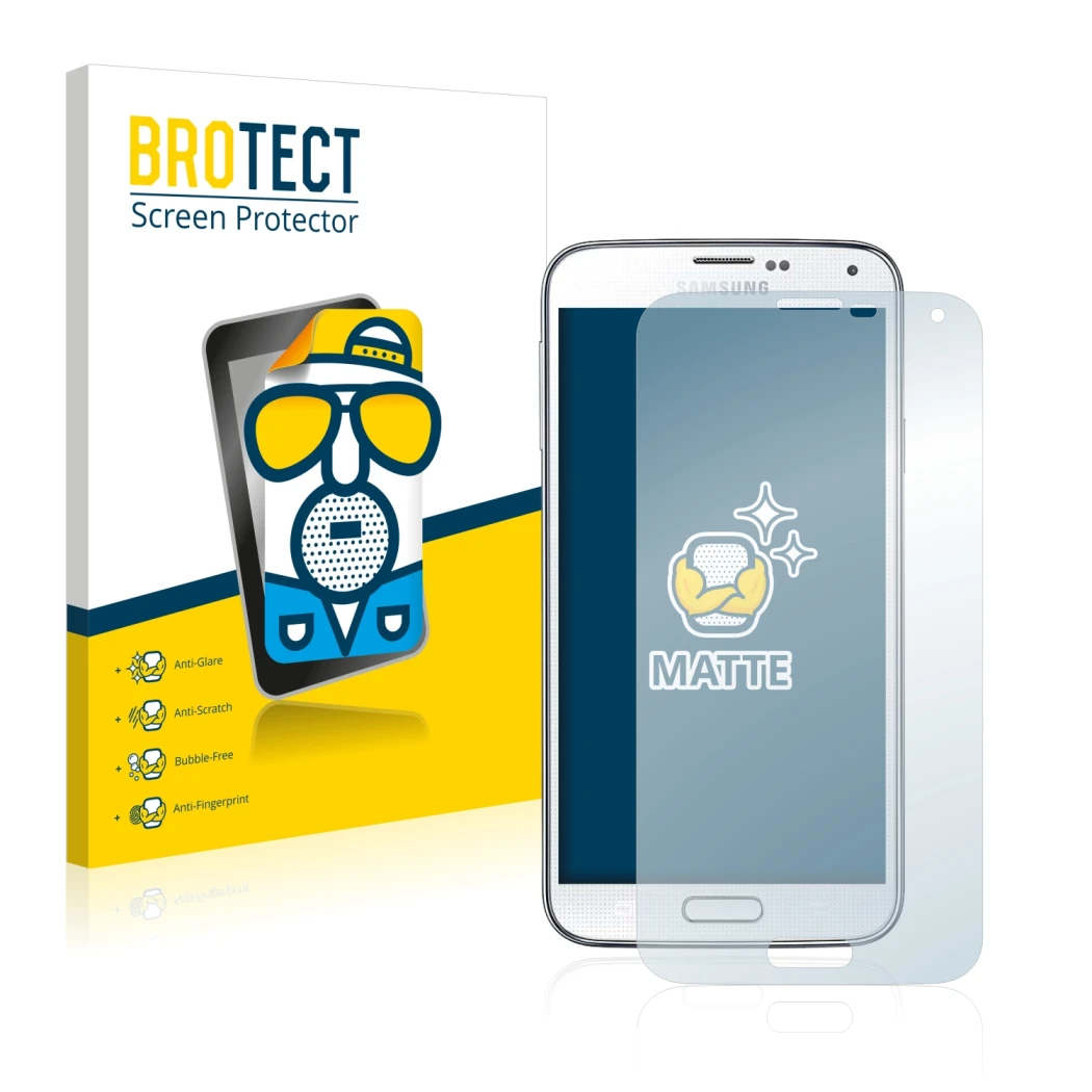 Front side of a product packaging with the brand logo BROTECT. Next to it is the device Samsung Galaxy S5 shown with the corre
