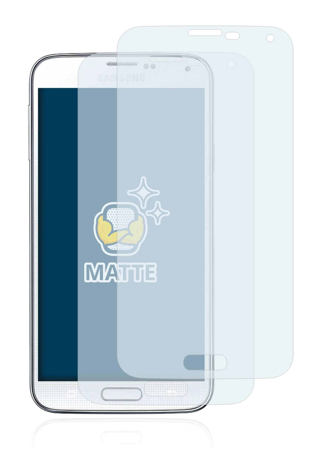 Image of the device Samsung Galaxy S5 with a wide variety of screen protectors.