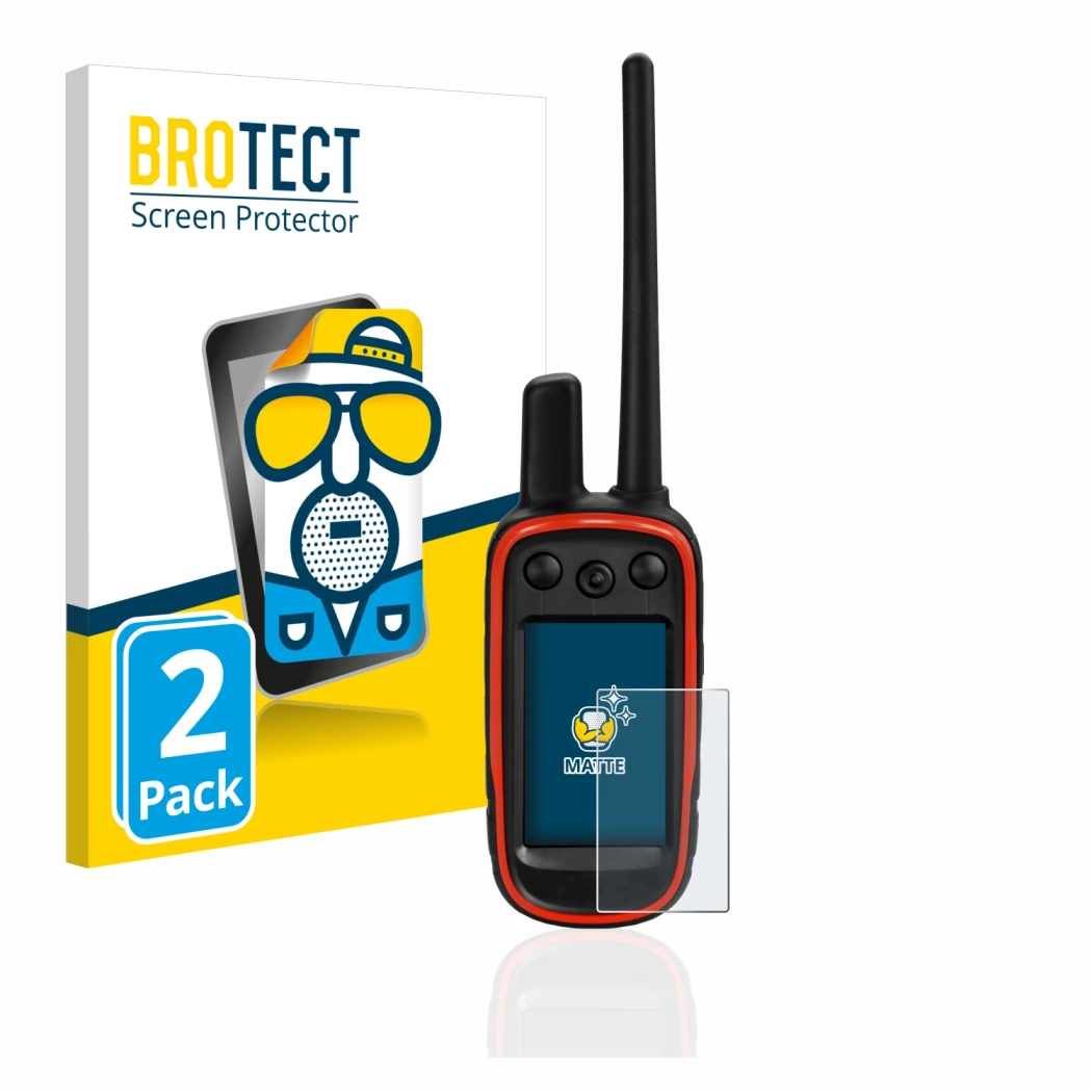 Front side of a product packaging with the brand logo BROTECT. Next to it is the device Garmin Alpha 100 shown with the corres