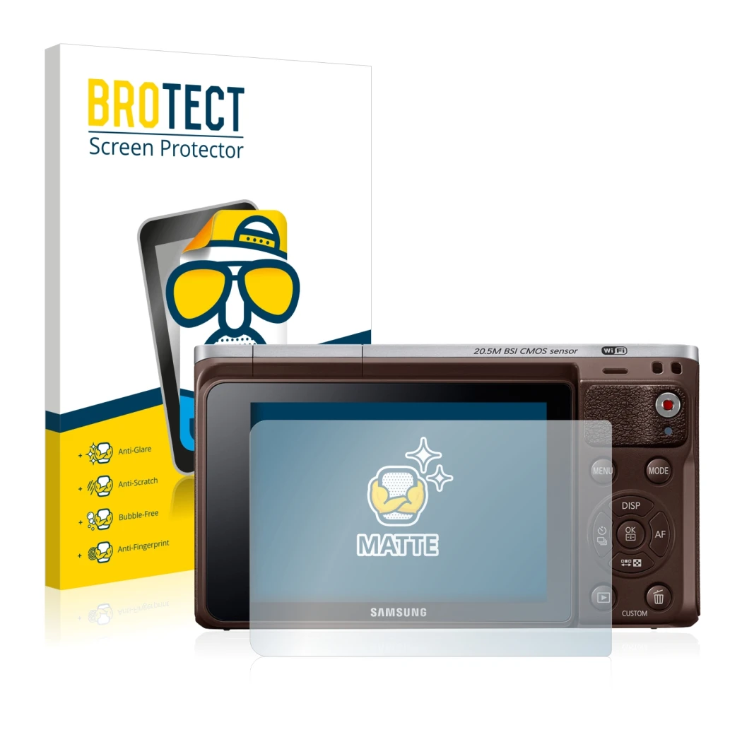 Front side of a product packaging with the brand logo BROTECT. Next to it is the device Samsung NX Mini shown with the corresp