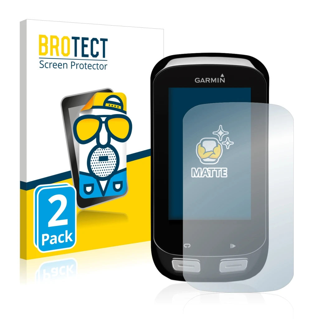 Front side of a product packaging with the brand logo BROTECT. Next to it is the device Garmin Edge 1000 shown with the corres