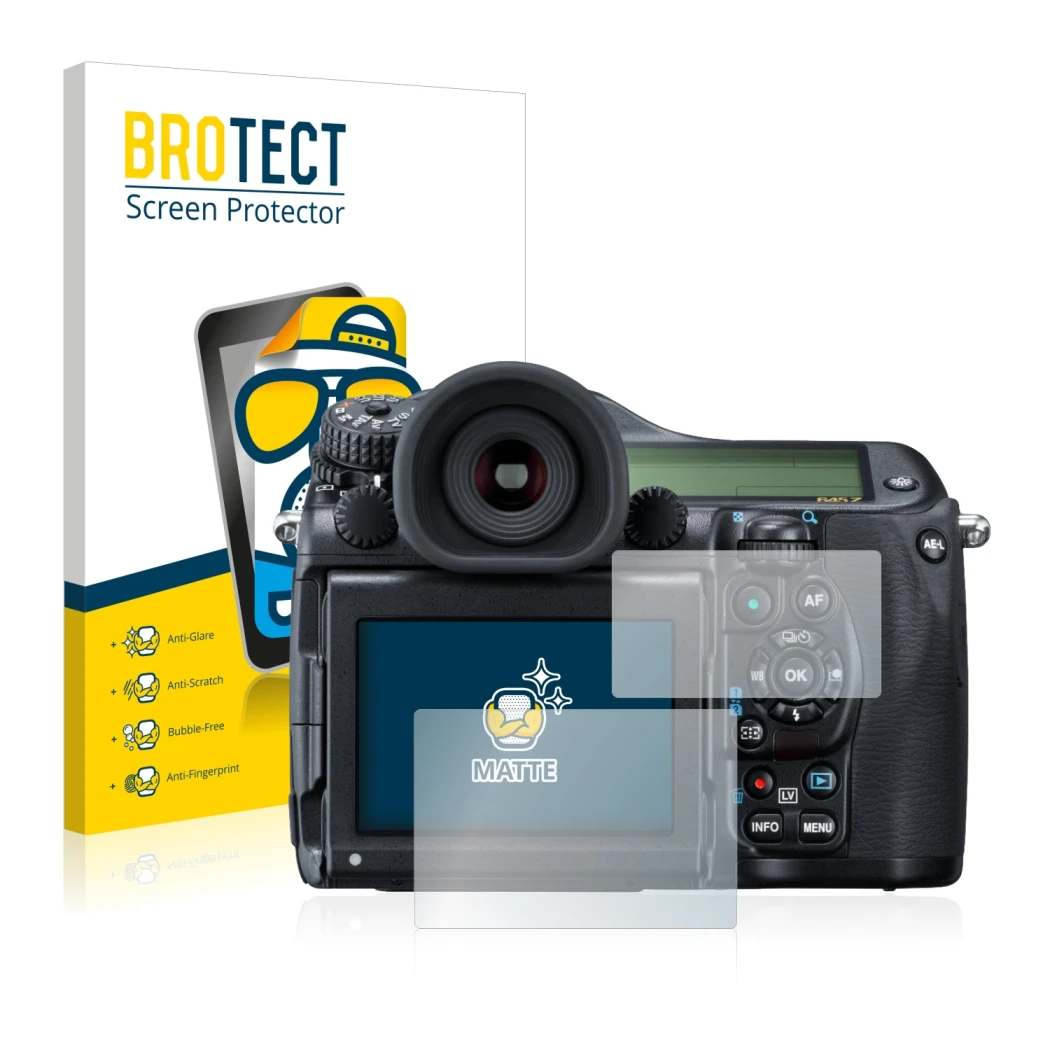 Front side of a product packaging with the brand logo BROTECT. Next to it is the device Pentax 645Z shown with the correspondi