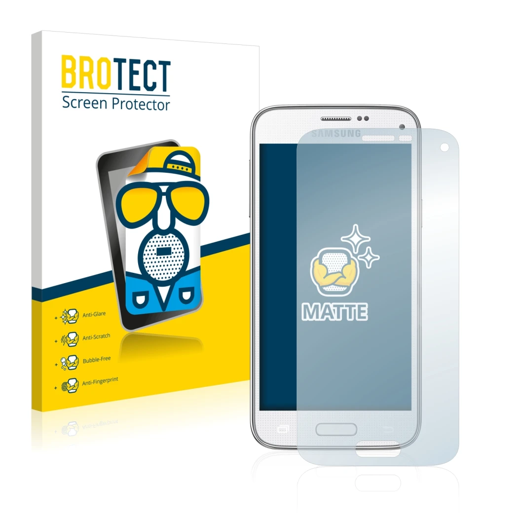 Front side of a product packaging with the brand logo BROTECT. Next to it is the device Samsung Galaxy S5 Mini SM-G800 shown w