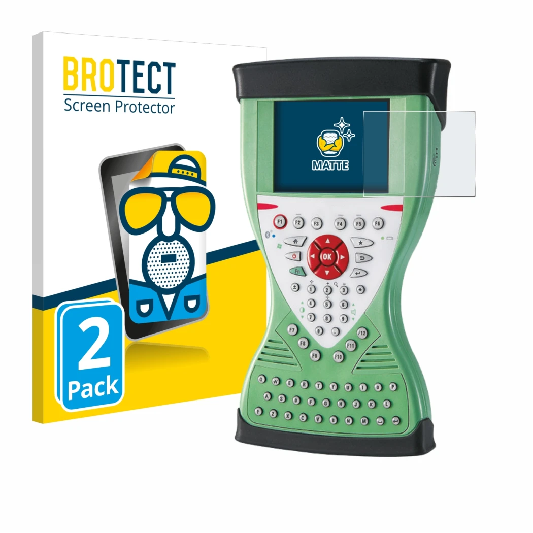 Front side of a product packaging with the brand logo BROTECT. Next to it is the device Leica Viva Controller CS15 shown with