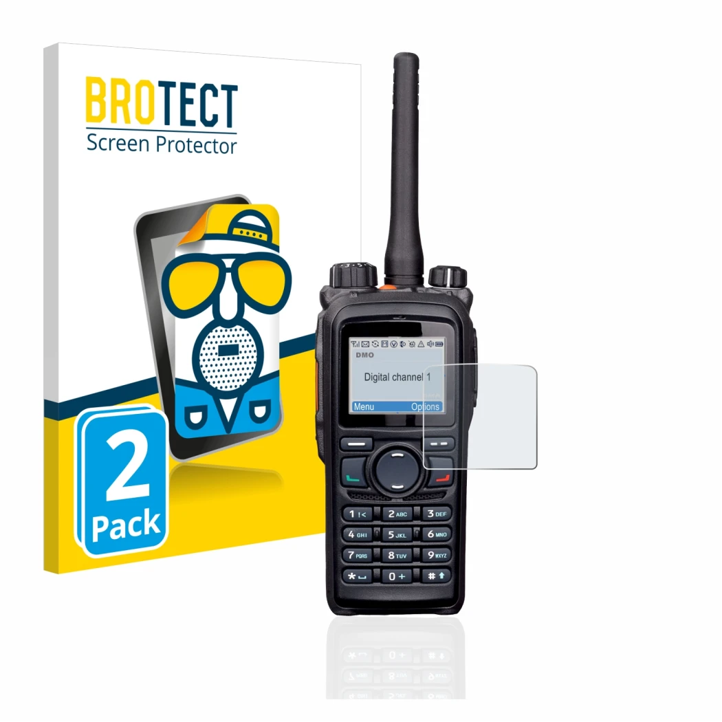 Front side of a product packaging with the brand logo BROTECT. Next to it is the device Hytera PD785 shown with the correspond