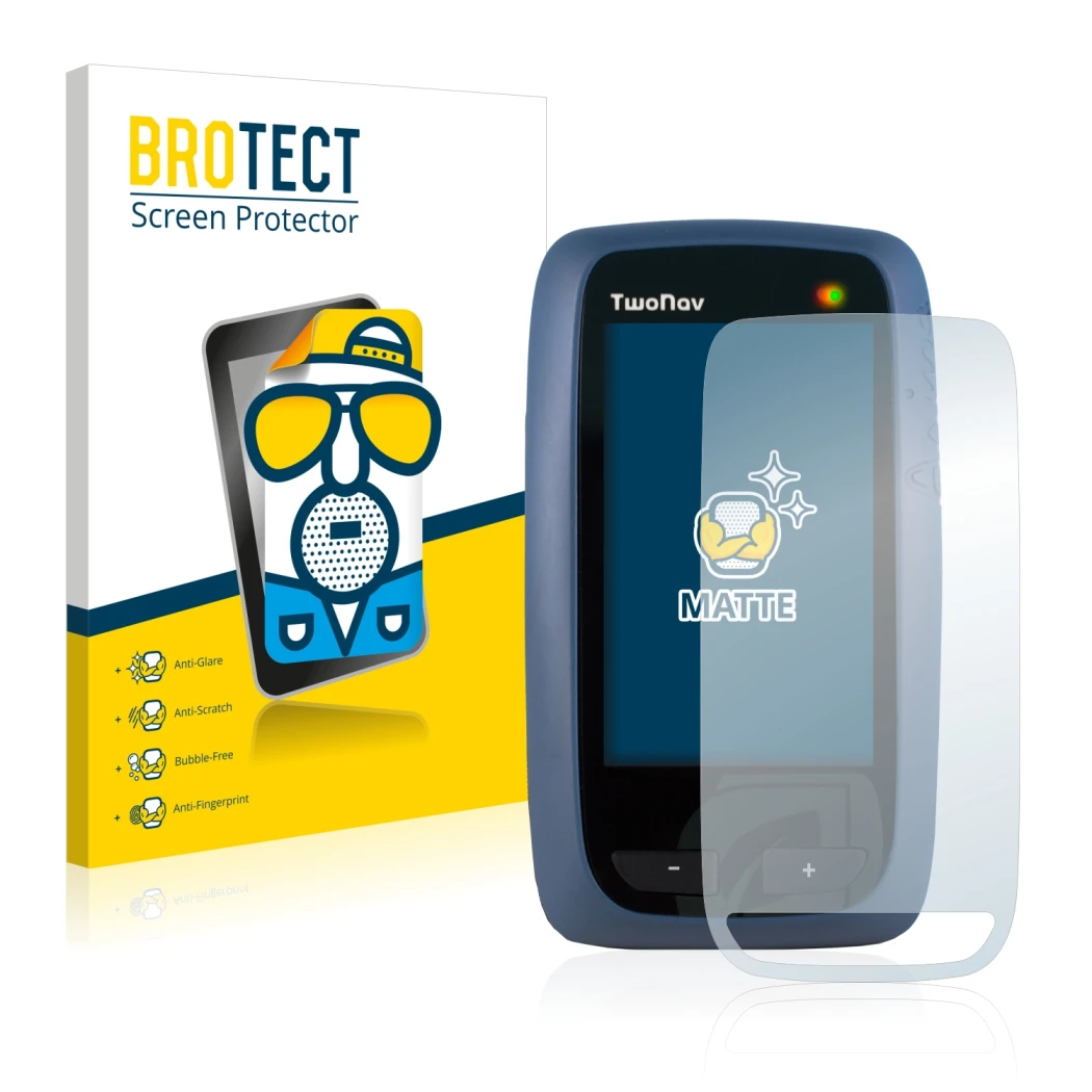 Front side of a product packaging with the brand logo BROTECT. Next to it is the device CompeGPS TwoNav Anima shown with the c