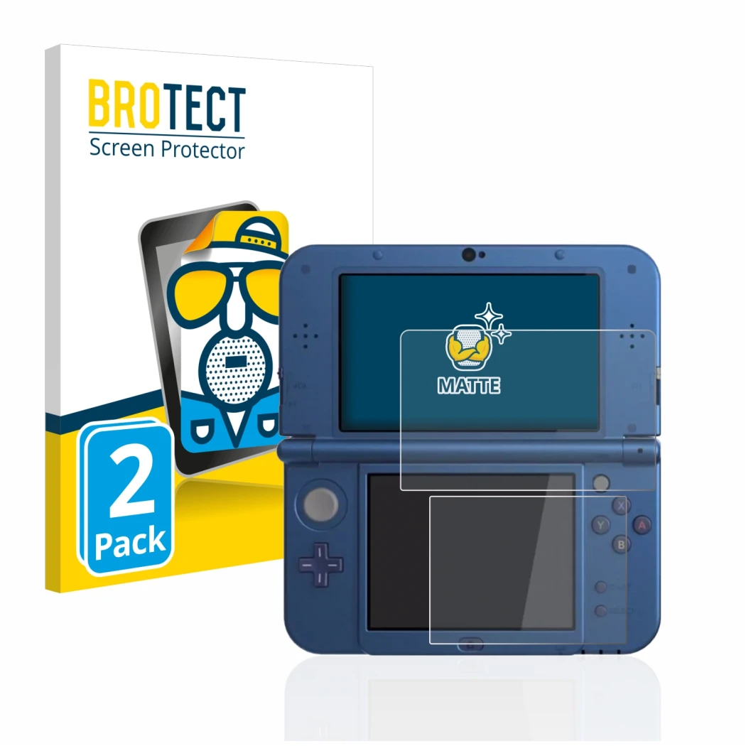 Front side of a product packaging with the brand logo BROTECT. Next to it is the device Nintendo New 3DS XL shown with the cor