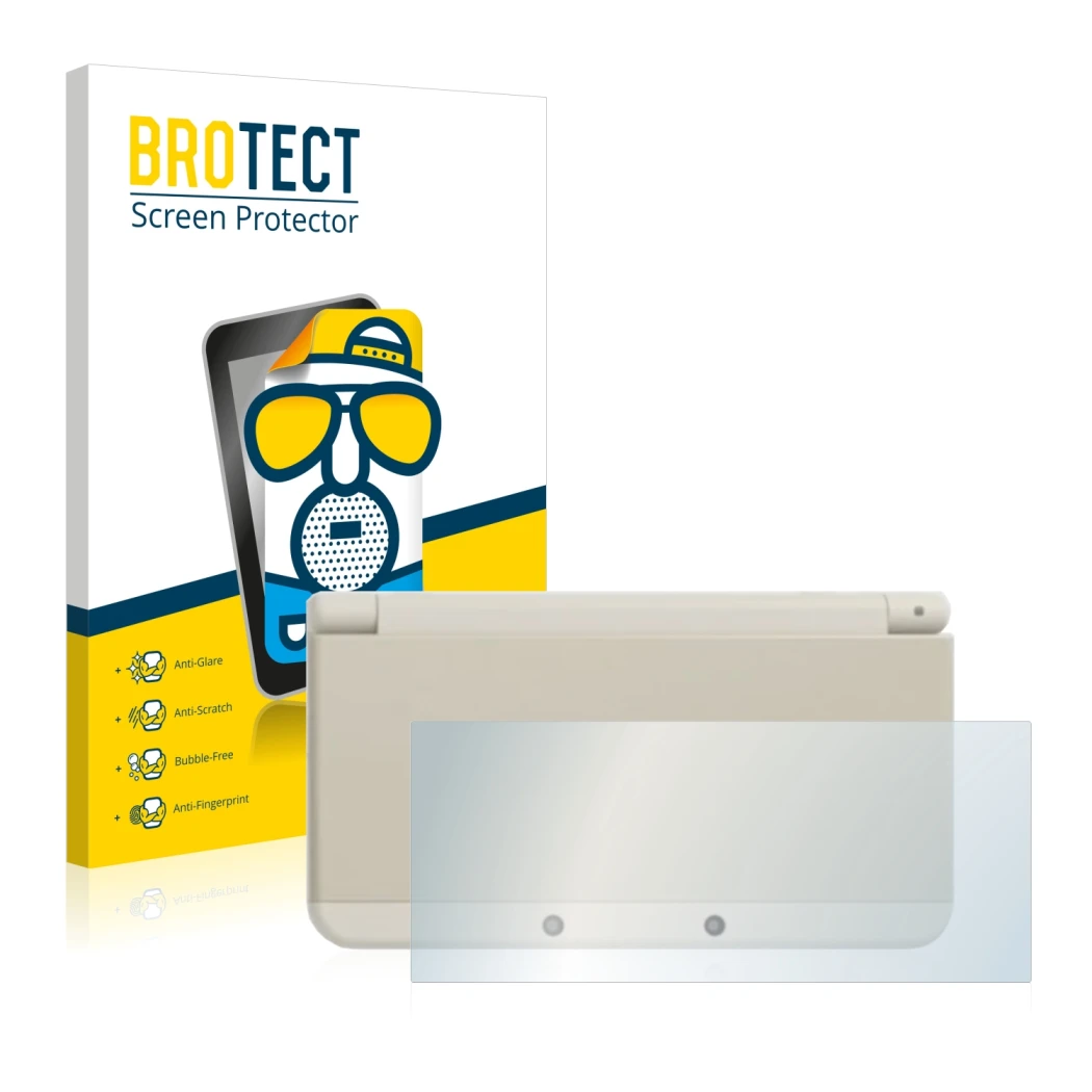 Front side of a product packaging with the brand logo BROTECT. Next to it is the device Nintendo New 3DS (housing) shown with