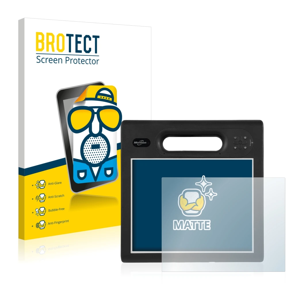 Front side of a product packaging with the brand logo BROTECT. Next to it is the device Motion Computing F5t shown with the co