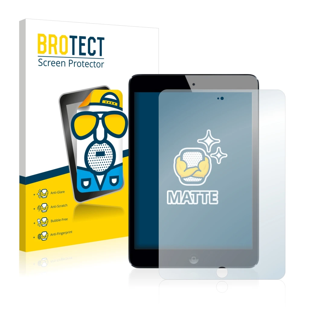 Front side of a product packaging with the brand logo BROTECT. Next to it is the device Apple iPad Mini 3 2014 shown with the 