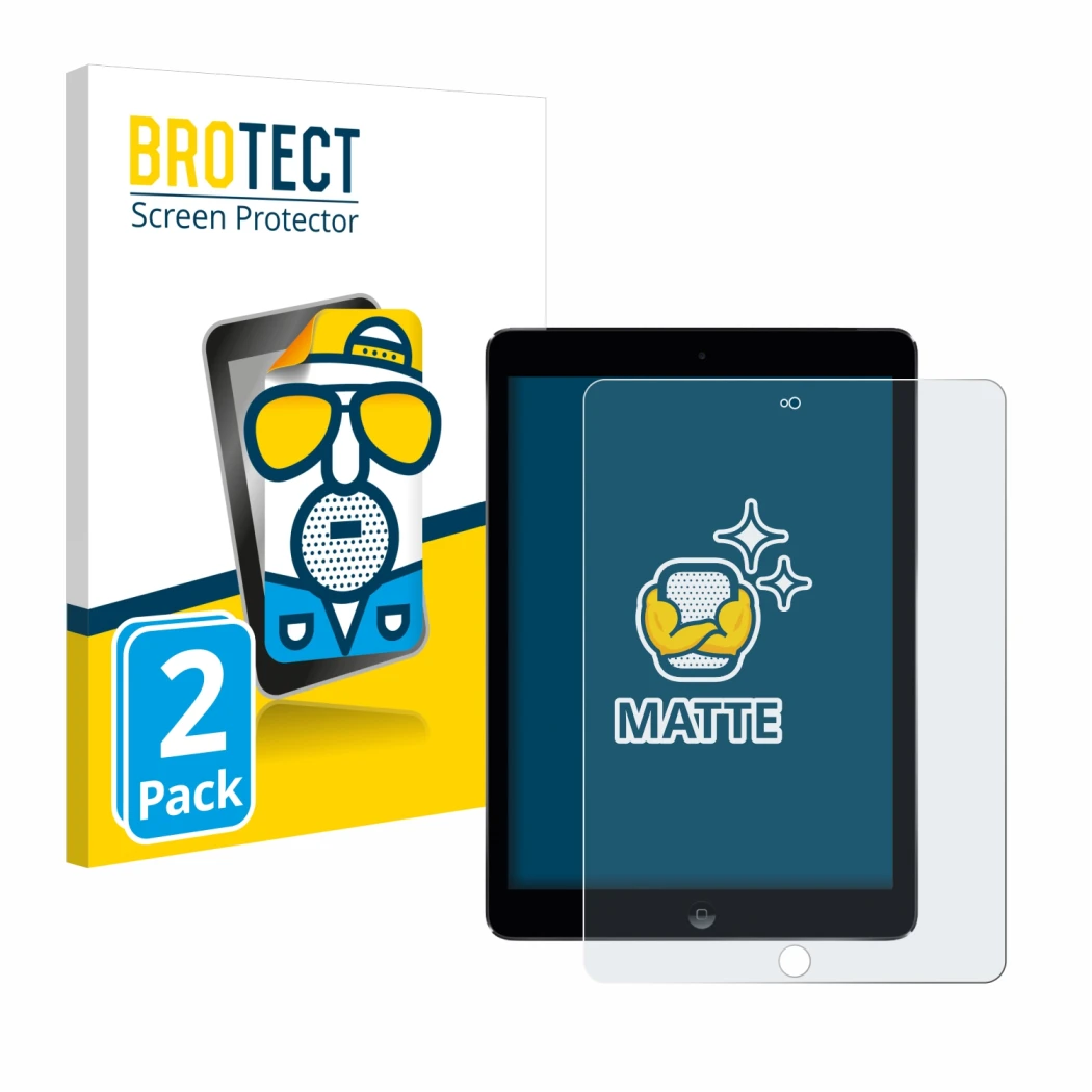 Front side of a product packaging with the brand logo BROTECT. Next to it is the device Apple iPad Air 2 2014 shown with the c