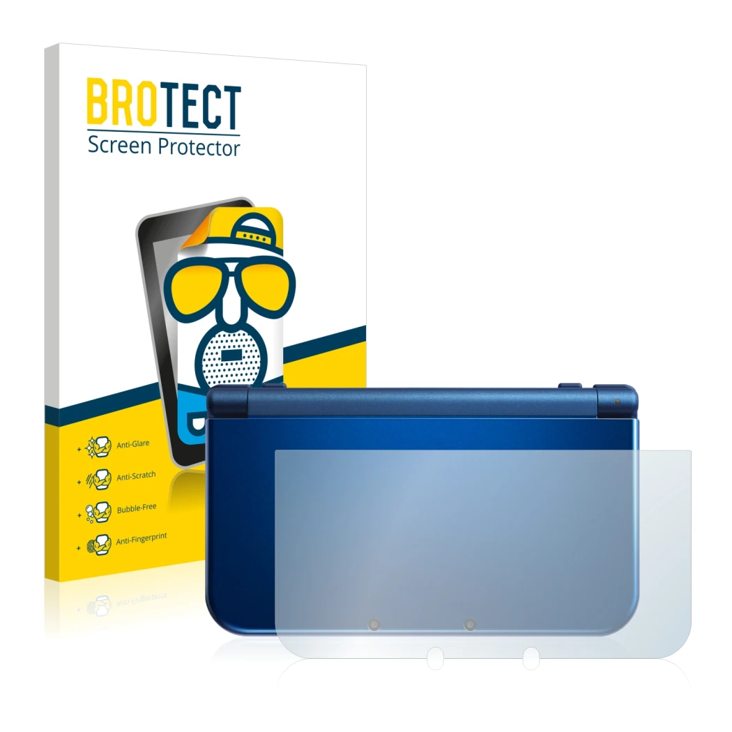 Front side of a product packaging with the brand logo BROTECT. Next to it is the device Nintendo New 3DS XL (housing) shown wi