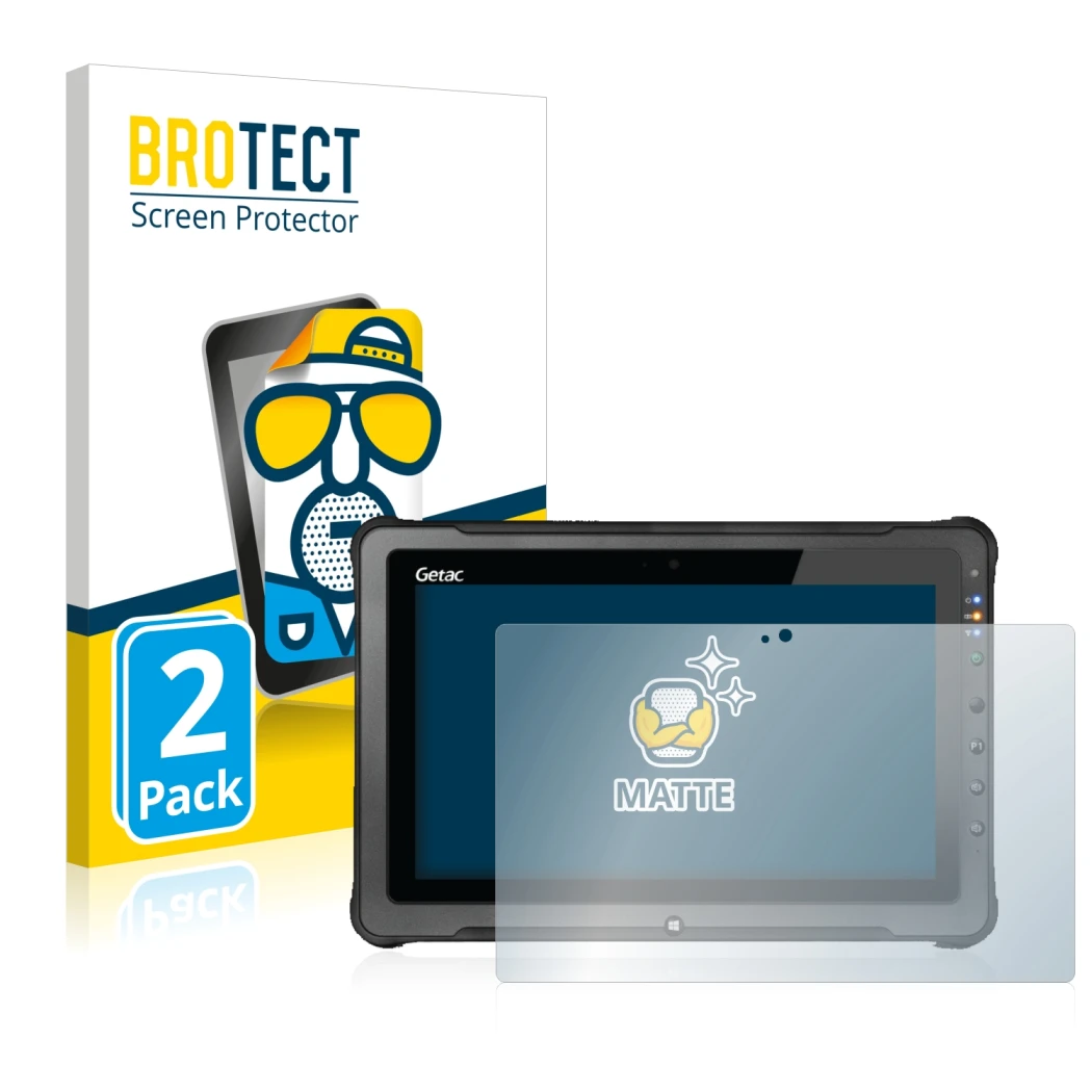Front side of a product packaging with the brand logo BROTECT. Next to it is the device Getac F110 G5 shown with the correspon