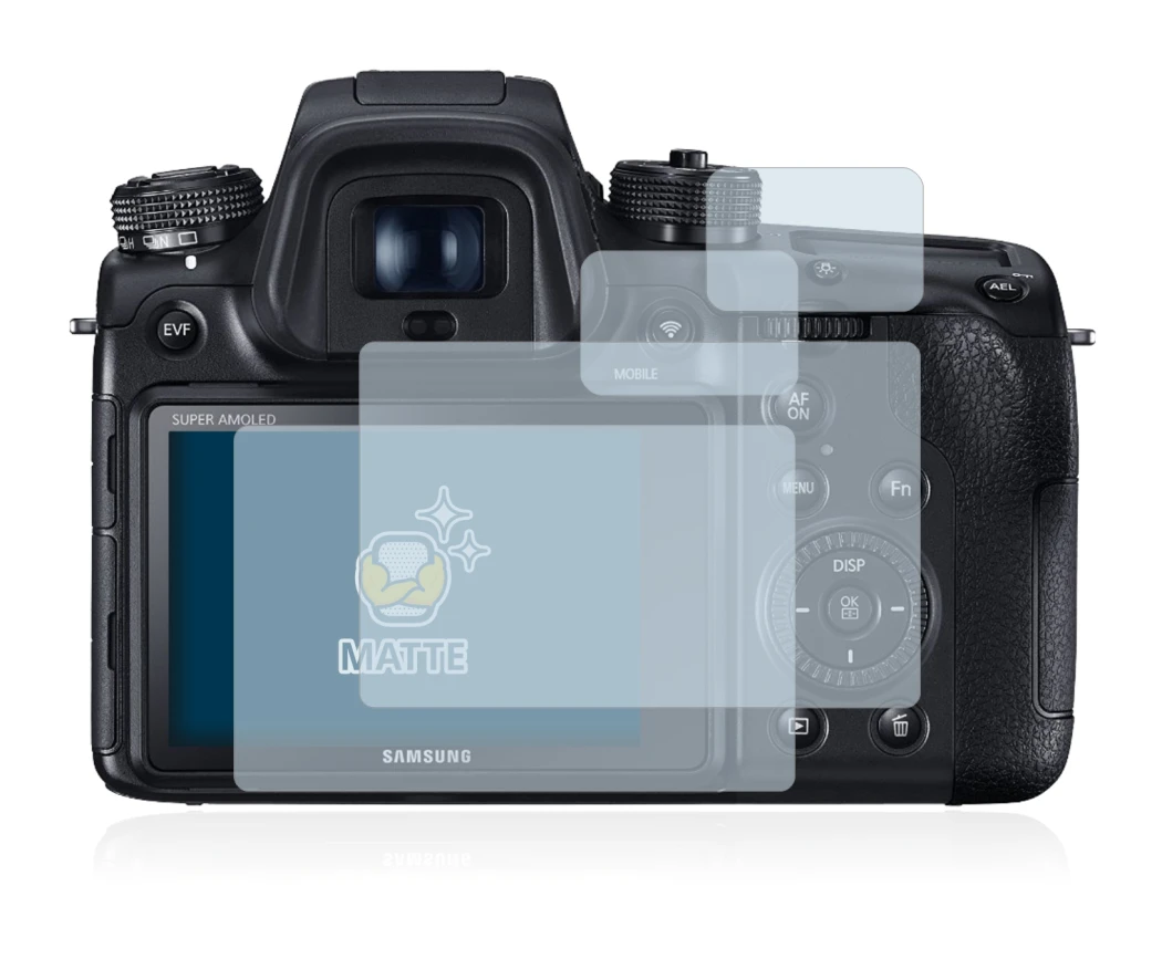 Image of the device Samsung NX1 with a wide variety of screen protectors.