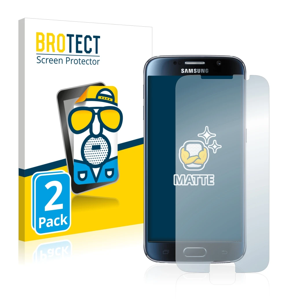 Front side of a product packaging with the brand logo BROTECT. Next to it is the device Samsung Galaxy S6 shown with the corre