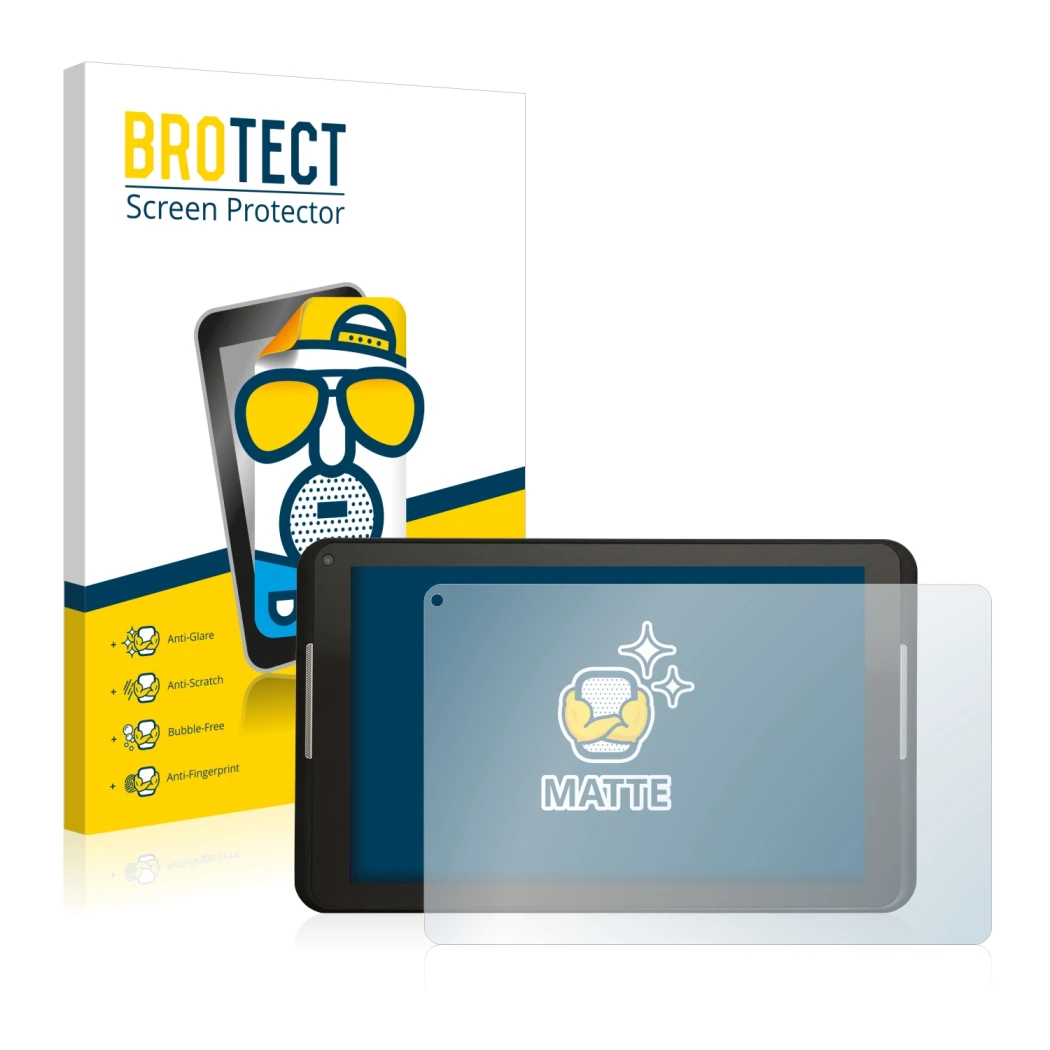 Front side of a product packaging with the brand logo BROTECT. Next to it is the device Xoro PAD 8W2 shown with the correspond