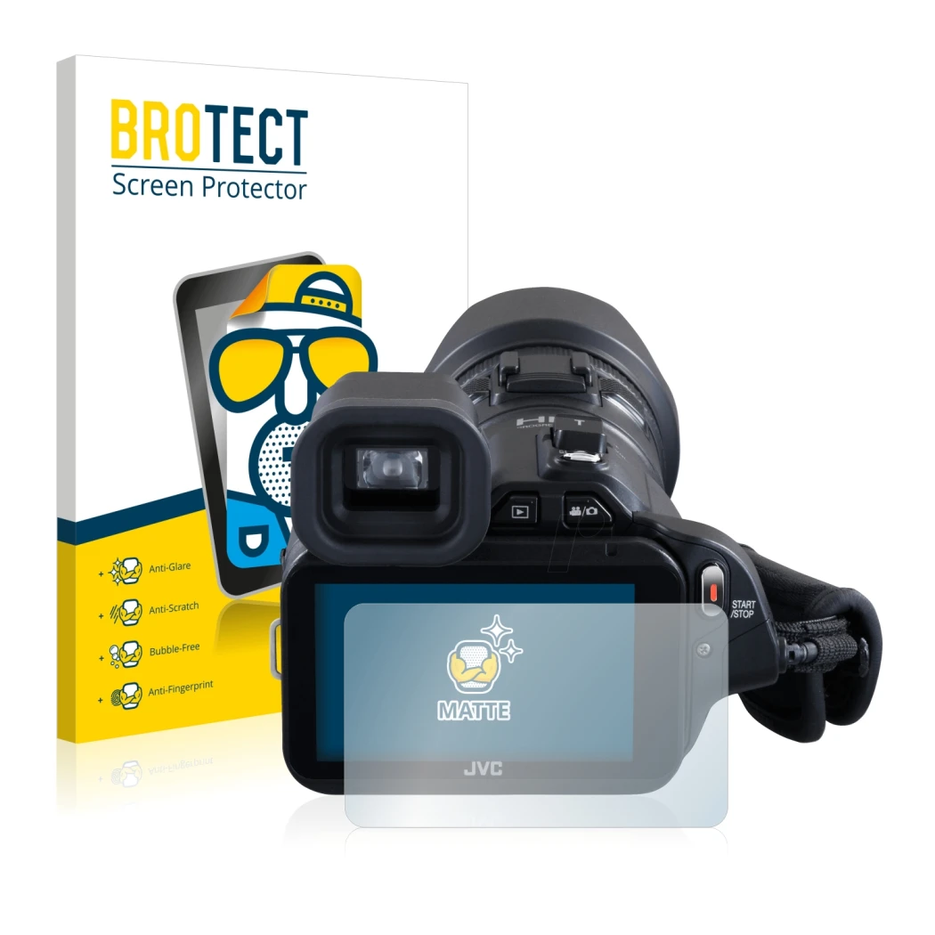 Front side of a product packaging with the brand logo BROTECT. Next to it is the device JVC GC-PX100BEU shown with the corresp