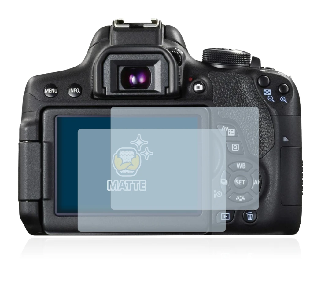 Image of the device Canon EOS 750D with a wide variety of screen protectors.