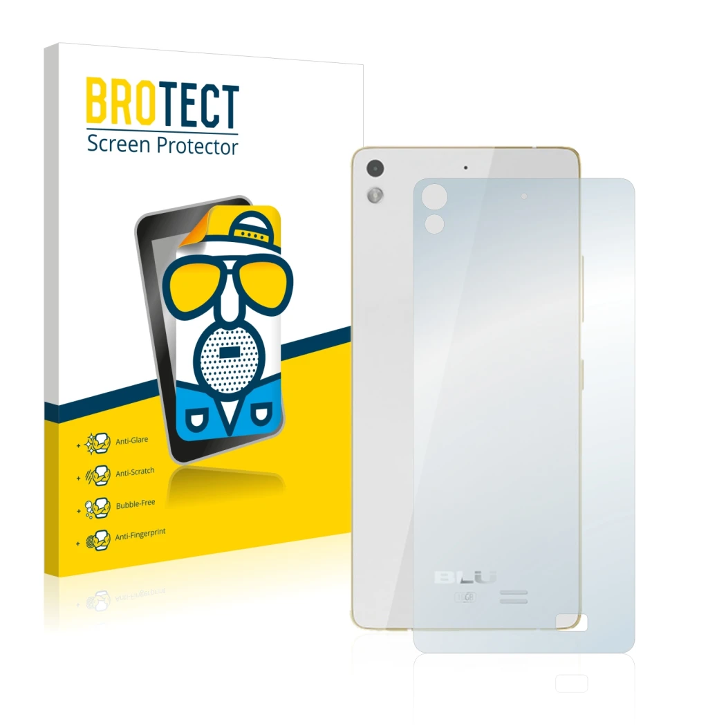 Front side of a product packaging with the brand logo BROTECT. Next to it is the device BLU Vivo Air (Back) shown with the cor